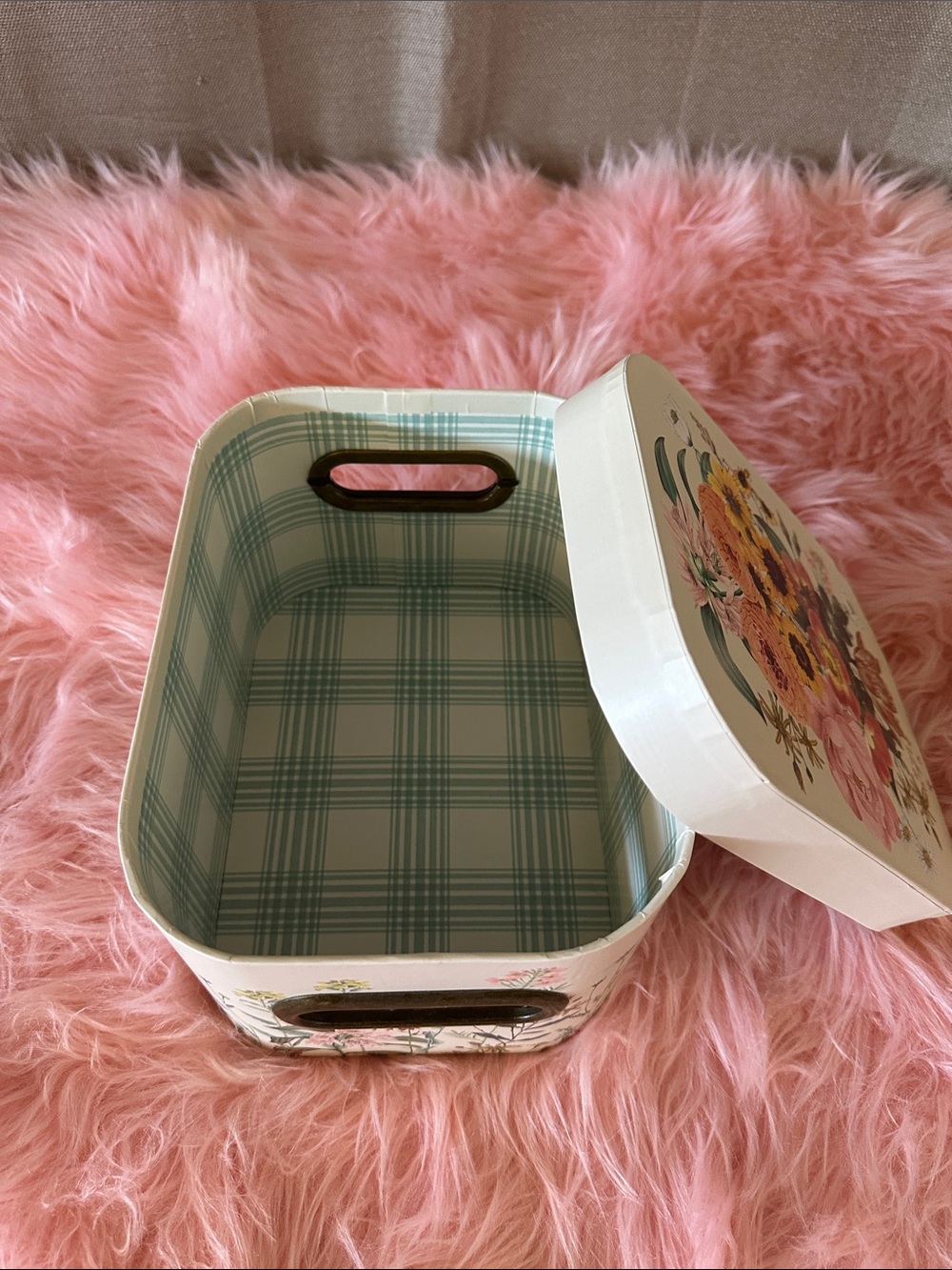 Floral Metal Storage Box with Removable Lid - Pink & Mint